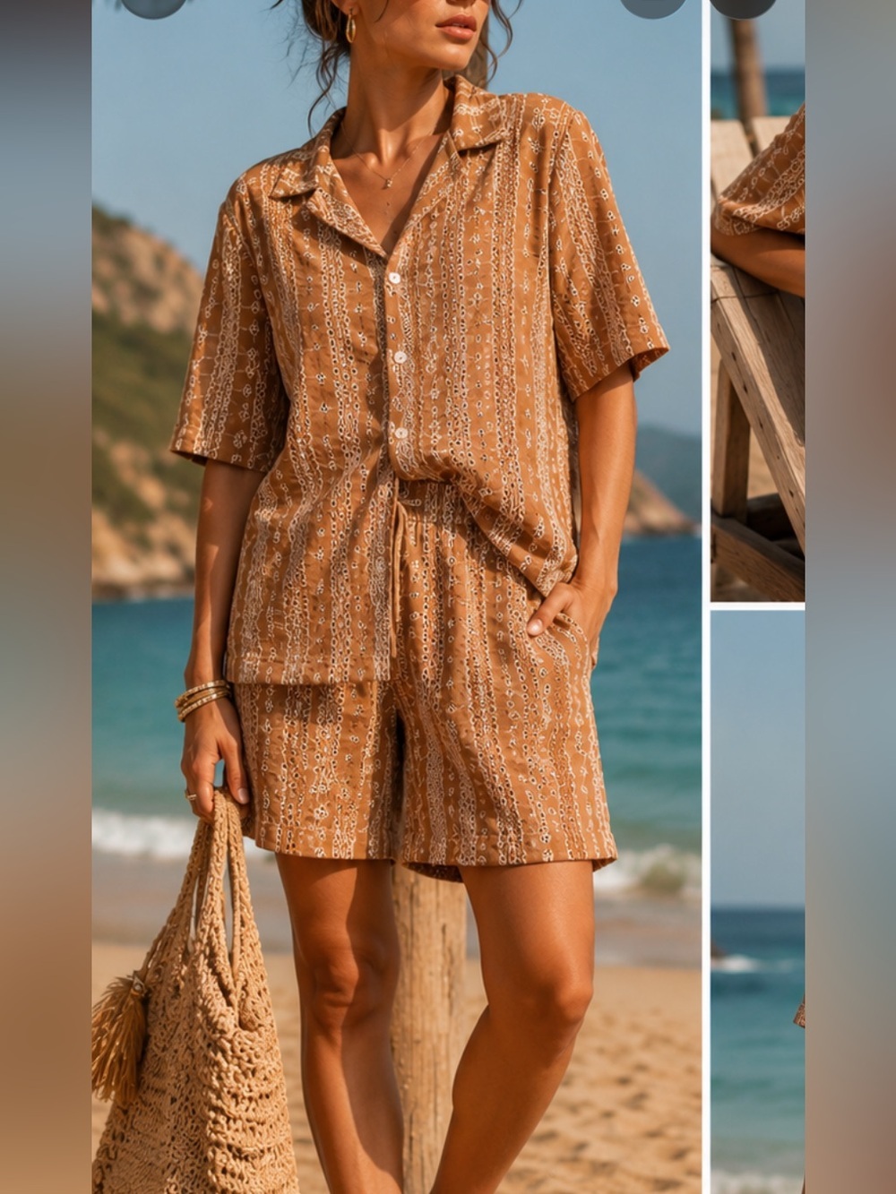 Anthropologie by morsecode Tan embroidery  set shirt and shorts set size M